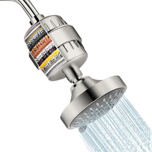 Shower Head and 15 Stage Shower Filter Combo,  High Pressure 5 Spray Filtered Showerhead with Water Softener Filters for Hard Water Remove Chlorine and Harmful Substances (Nickel Brushed)
