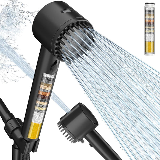 Ion Drops Filtered Shower Head with Handheld, 4+1 Spray Mode Showerhead with Filters, Built-In Power Wash for Hard Water - Remove Chlorine - Reduces Dry Itchy Skin, Black