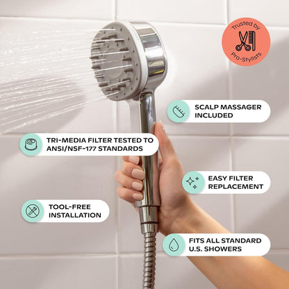 Handheld Filtered Shower Head & Scalp Massager - High Pressure Shower Head Filter for Hard Water - Shower Filter to Remove Impurities for Healthier Scalp, Skin & Hair - Hair Growth - Brass
