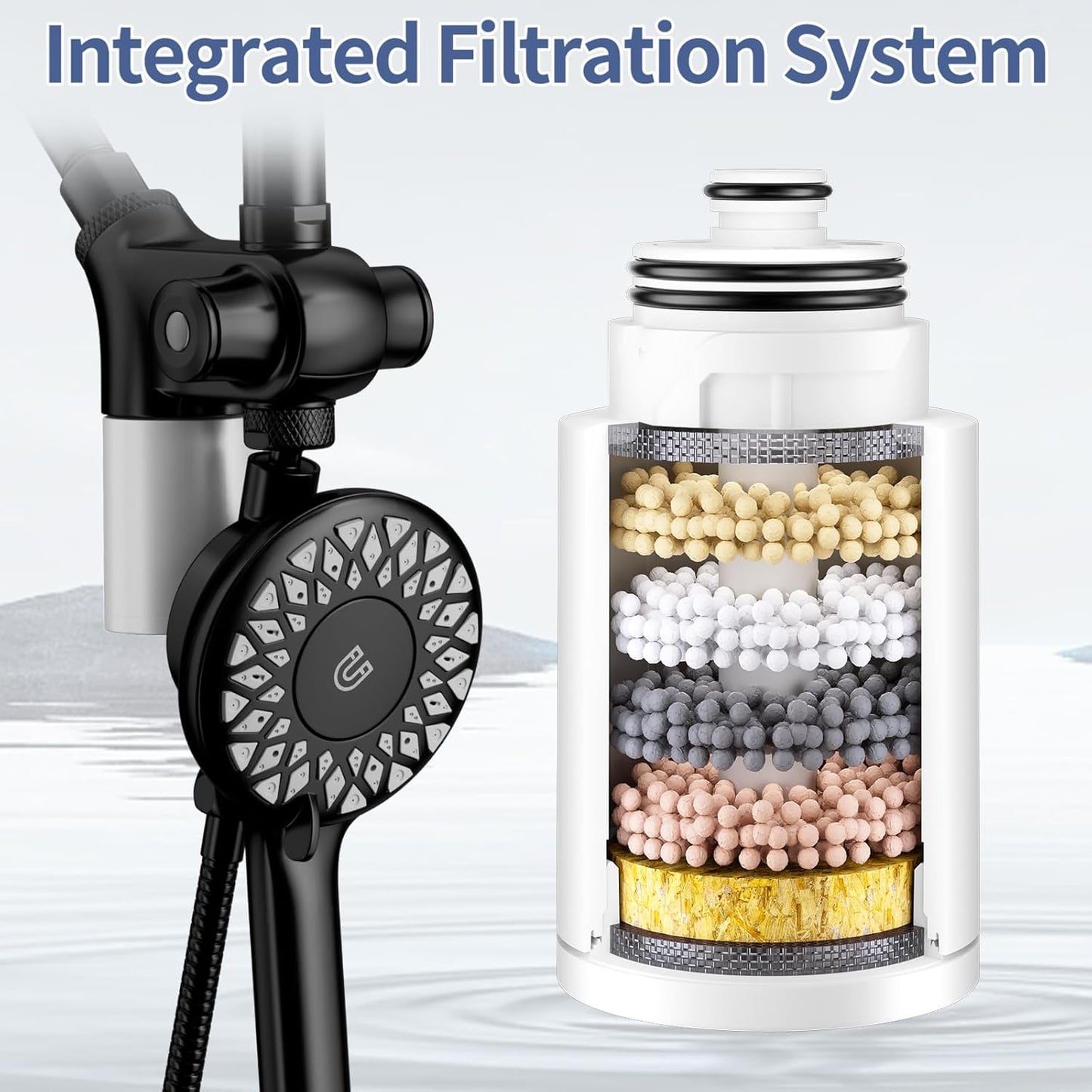 Filtered Rain Shower Head with Handheld Spray Combo, Black | High Pressure Dual Shower Head, Filter for Hard Water, Modern Magnetix Double Shower Head, Adjustable Lift Bar