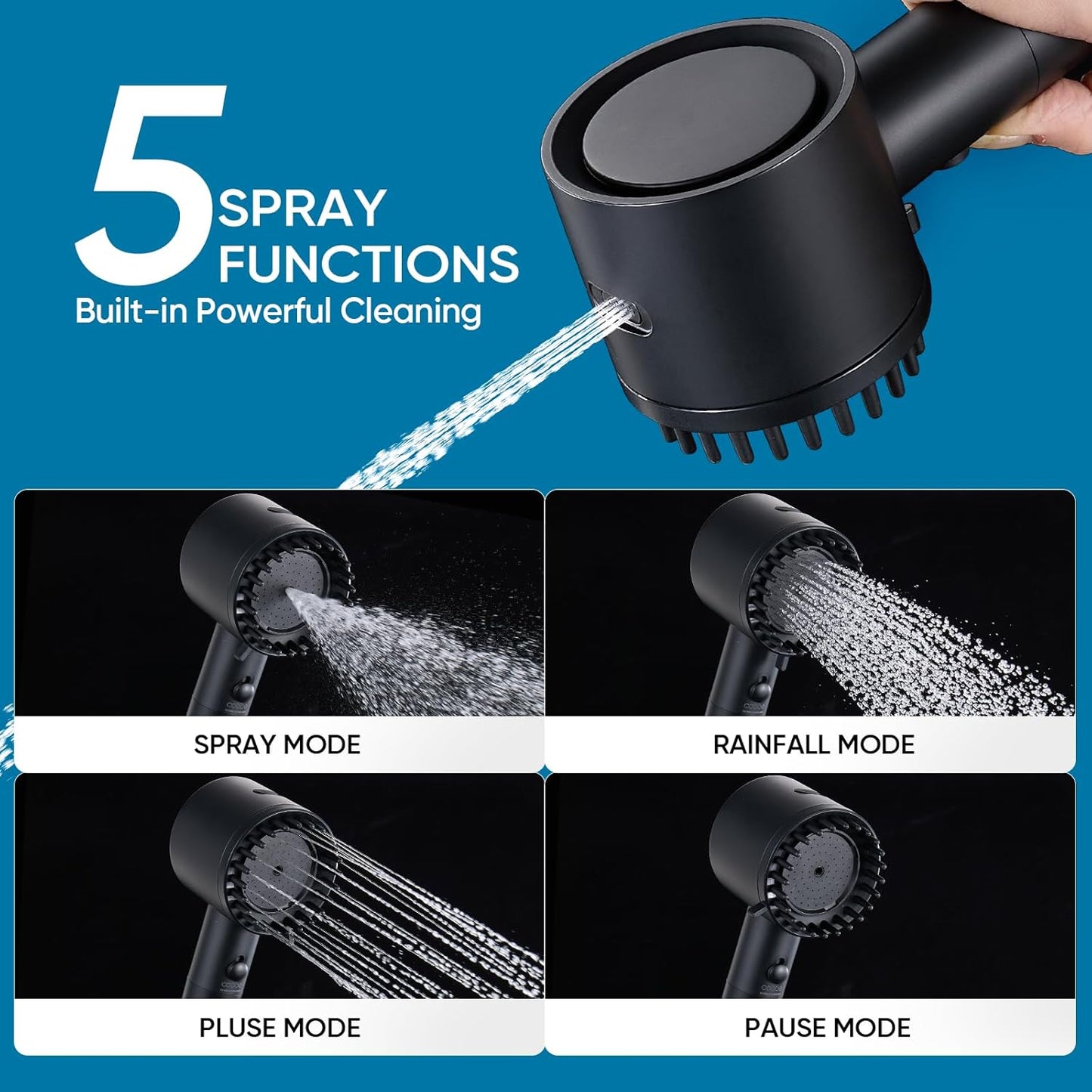 Ion Drops Filtered Shower Head with Handheld, 4+1 Spray Mode Showerhead with Filters, Built-In Power Wash for Hard Water - Remove Chlorine - Reduces Dry Itchy Skin, Black