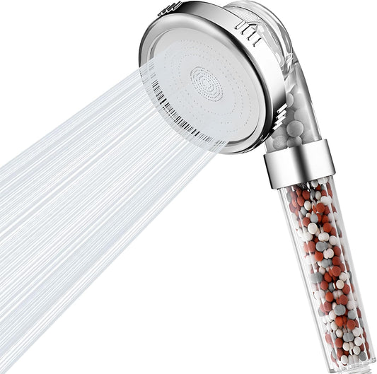 Filtered Handheld Shower Head, High Pressure 3 Spray Settings Showerhead for Saving Water, Water Softener Shower Head with Mineral Beads to Remove Chlorine & Fluoride for Dry Hair & Skin