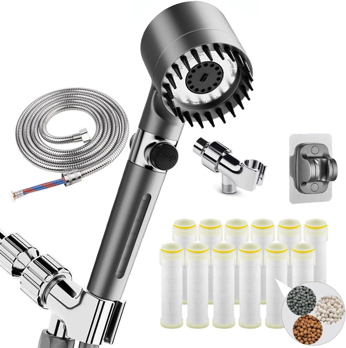 Filtered Shower Head with Handheld - High Pressure 3 Spray Modes Showerhead with Filters, 12 Replaceable Water Softener Filters for Hard Water | Ion Shower Head with 75" Anti-Burst Hose