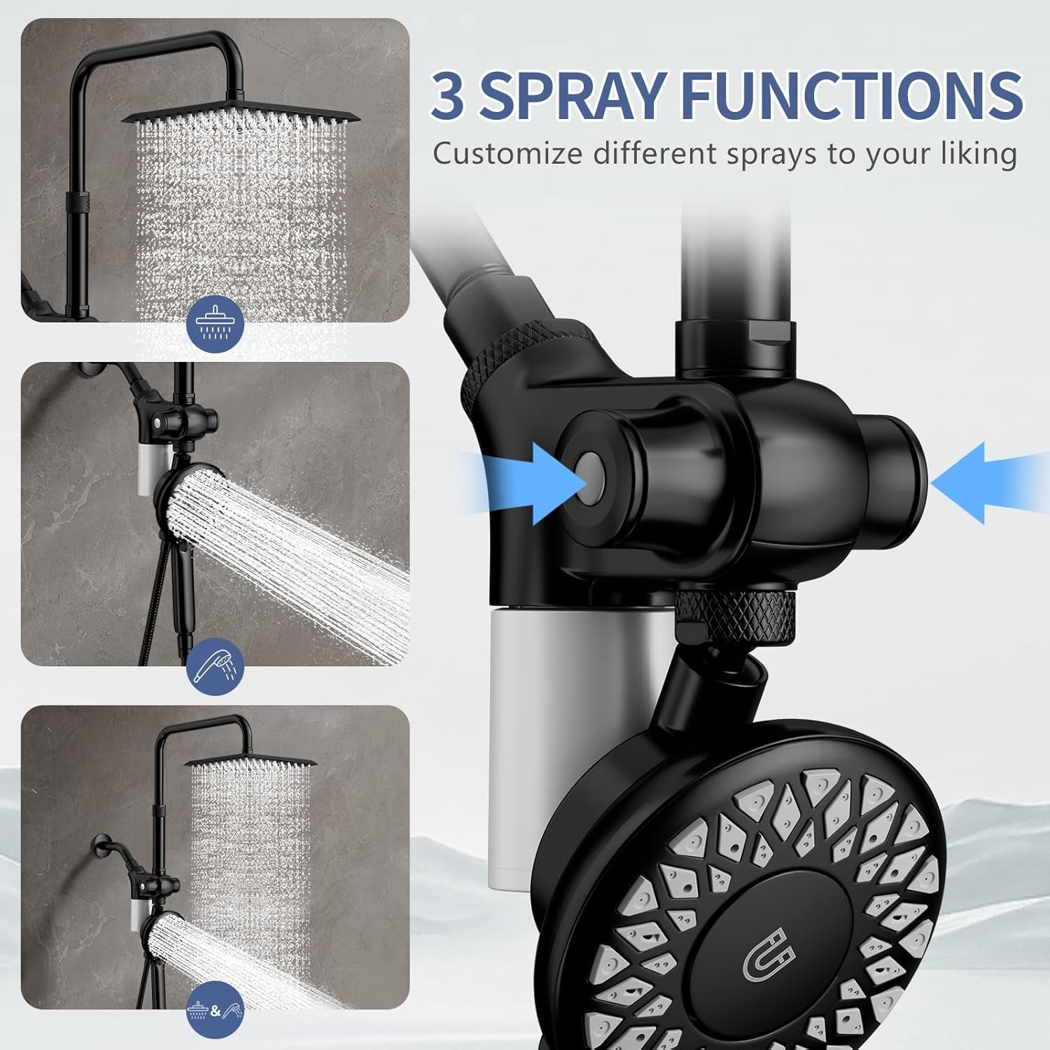 Filtered Rain Shower Head with Handheld Spray Combo, Black | High Pressure Dual Shower Head, Filter for Hard Water, Modern Magnetix Double Shower Head, Adjustable Lift Bar