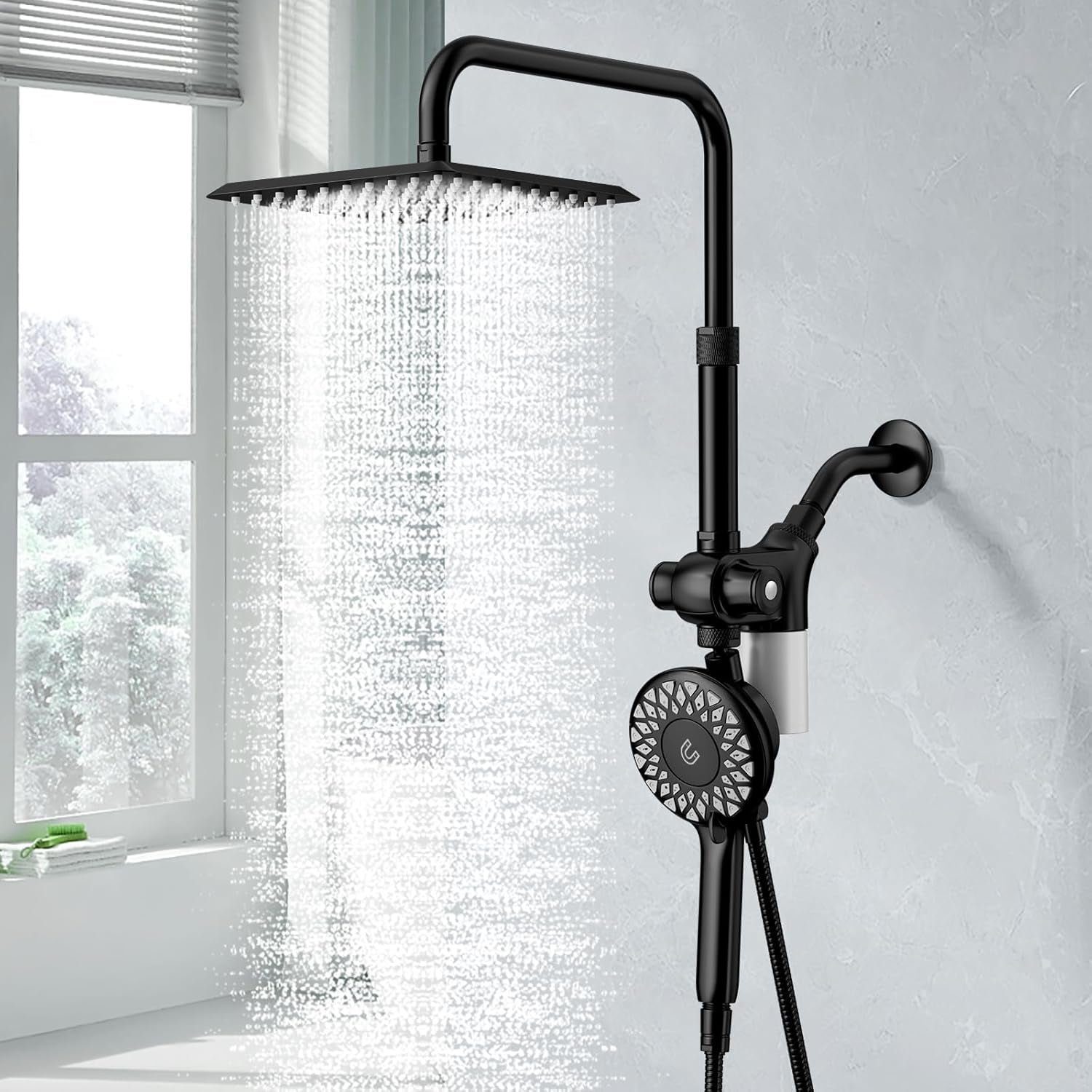 Filtered Rain Shower Head with Handheld Spray Combo, Black | High Pressure Dual Shower Head, Filter for Hard Water, Modern Magnetix Double Shower Head, Adjustable Lift Bar
