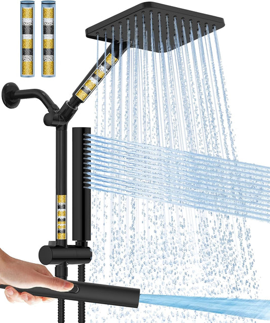 Filtered Shower Head with Handheld Combo High Pressure Shower Head with Filters 10 Inch Rain Shower Head Height Adjustable Dual Water Softener Shower Head for Hard Water - Removes Chlorine