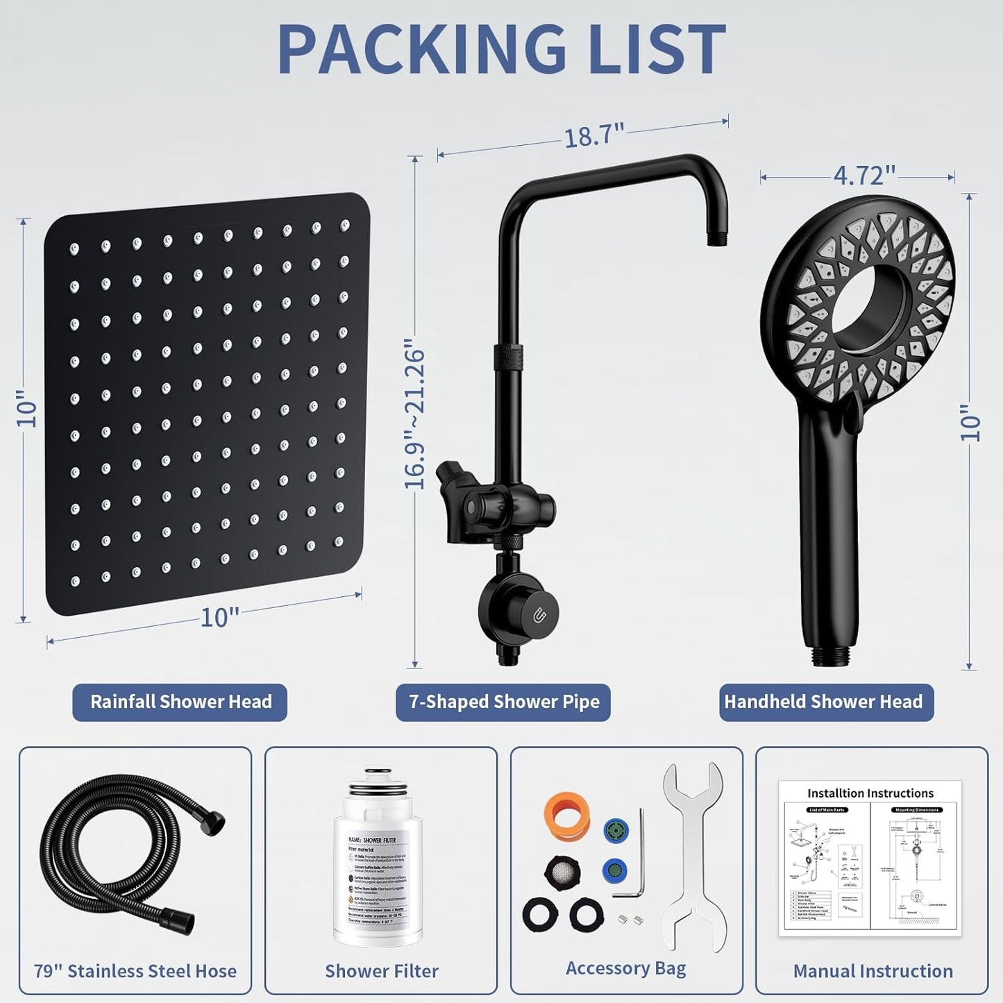 Filtered Rain Shower Head with Handheld Spray Combo, Black | High Pressure Dual Shower Head, Filter for Hard Water, Modern Magnetix Double Shower Head, Adjustable Lift Bar