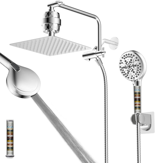 Filtered Shower Head, 10" High Pressure 10-Spray Handheld/Rainfall Shower Head Combo with 20 Stage Shower Filter, 11" Shower Extension Arm, 71" Hose, Shower Head Holder, Chrome