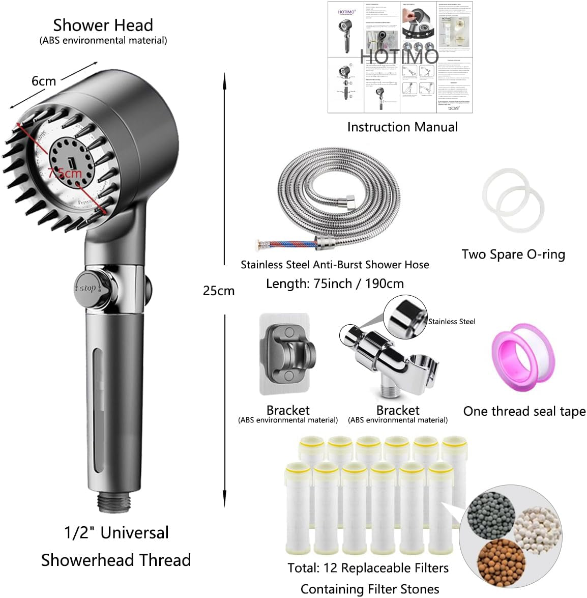 Filtered Shower Head with Handheld - High Pressure 3 Spray Modes Showerhead with Filters, 12 Replaceable Water Softener Filters for Hard Water | Ion Shower Head with 75" Anti-Burst Hose