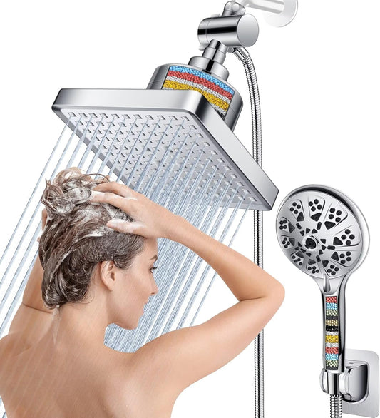 Dual Filtered Rain Shower Head Combo, High Pressure 10 Modes Handheld Shower Head Built in Water Filtration, 6 Inch Rainfall Shower Head with Filter for Hard Water